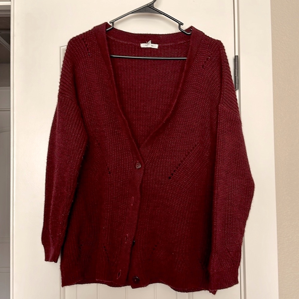 Maurice’s-burgundy cardigan, Missing button, otherwise in like new condition